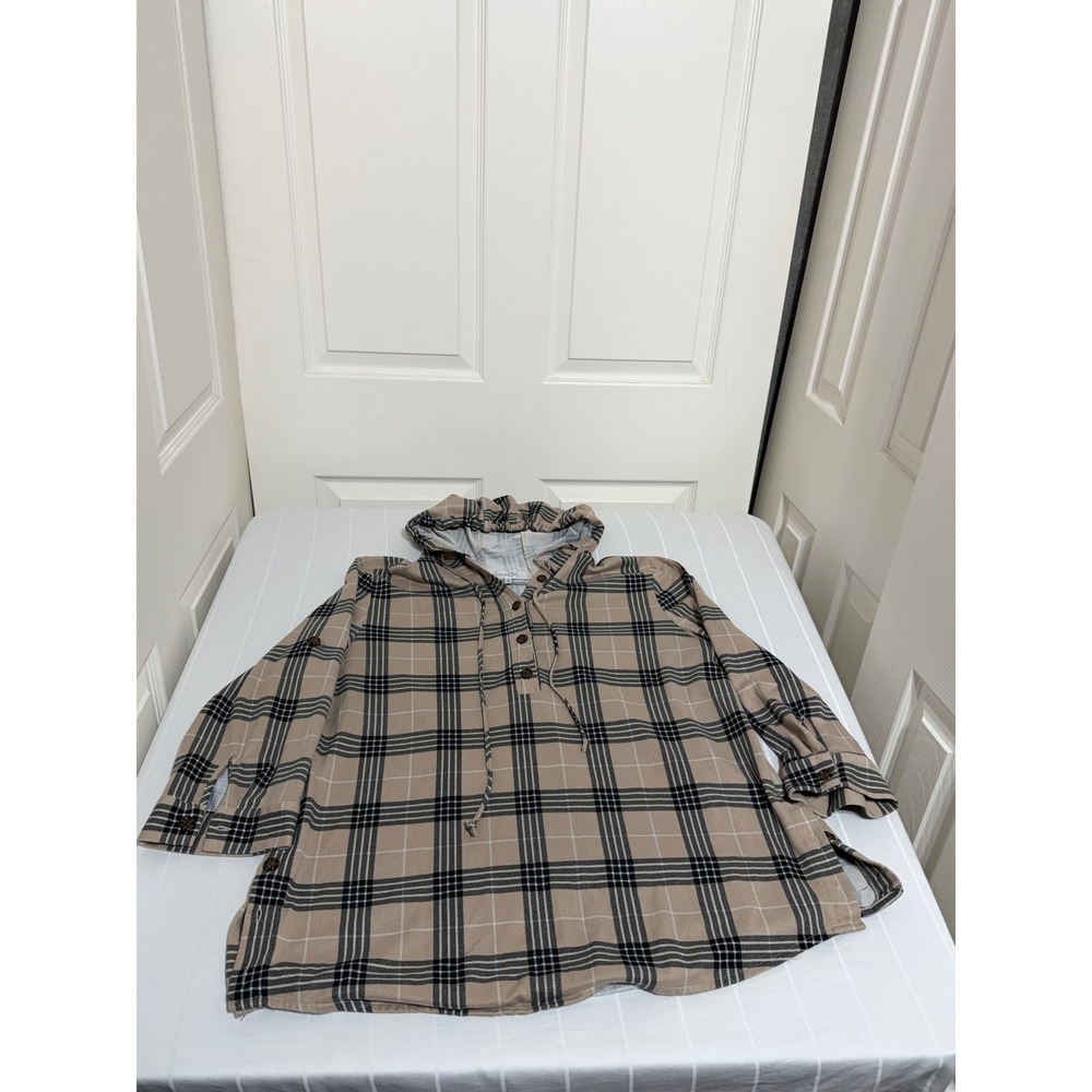 Eden & Olivia Plaid Hooded Tunic Top Tan Black Henley Roll Tab Sleeve XL